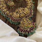 Gold Look Alike Antique Temple Haram - Lakshmi Haram-Red White-Green Bead-G10477